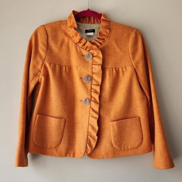 J. Crew Wool Ruffle Blazer | 2P | Orange Lined Jacket, Pockets, Buttons RN77388 - Picture 1 of 11